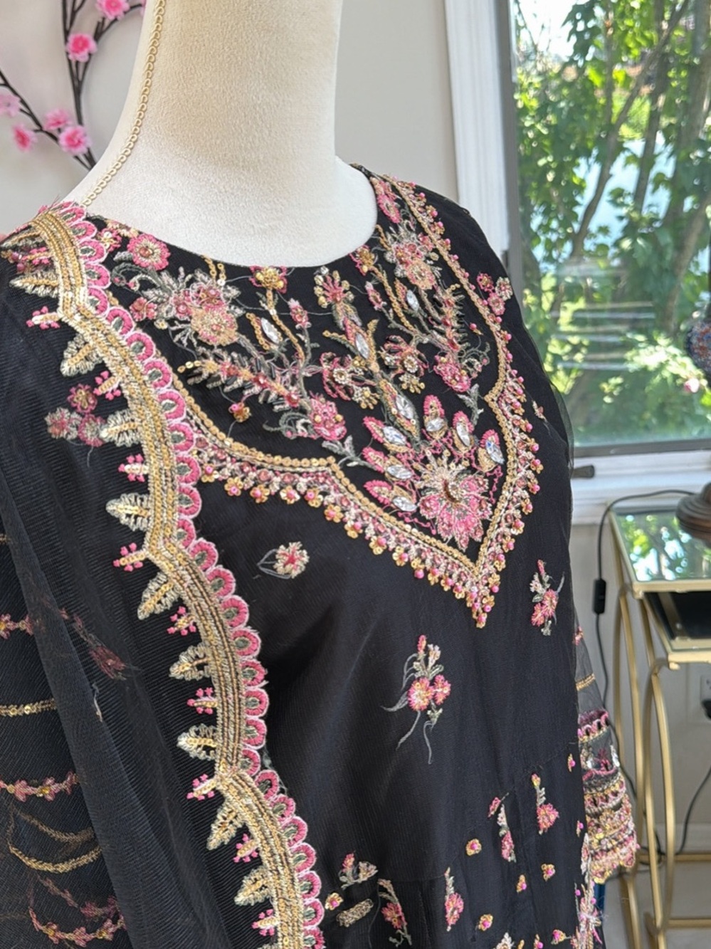 Embroidered Black Women's Tunic Top with Pink & Gold Floral Accents
